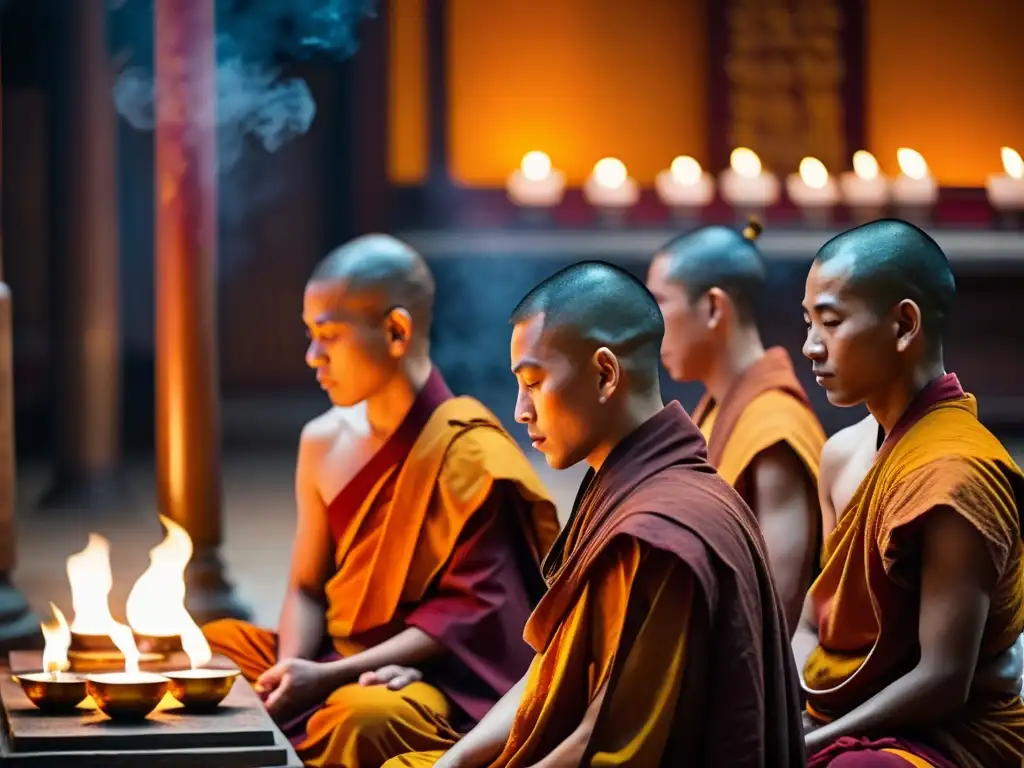 Una ceremonia budista con monjes en profunda contemplación, reflejando la visión budista vida después, entre velas y humo de incienso