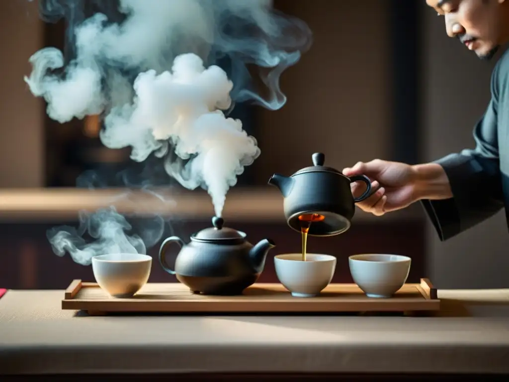 Una ceremonia del té china moderna con un maestro del té sirviendo con gracia, en un entorno elegante