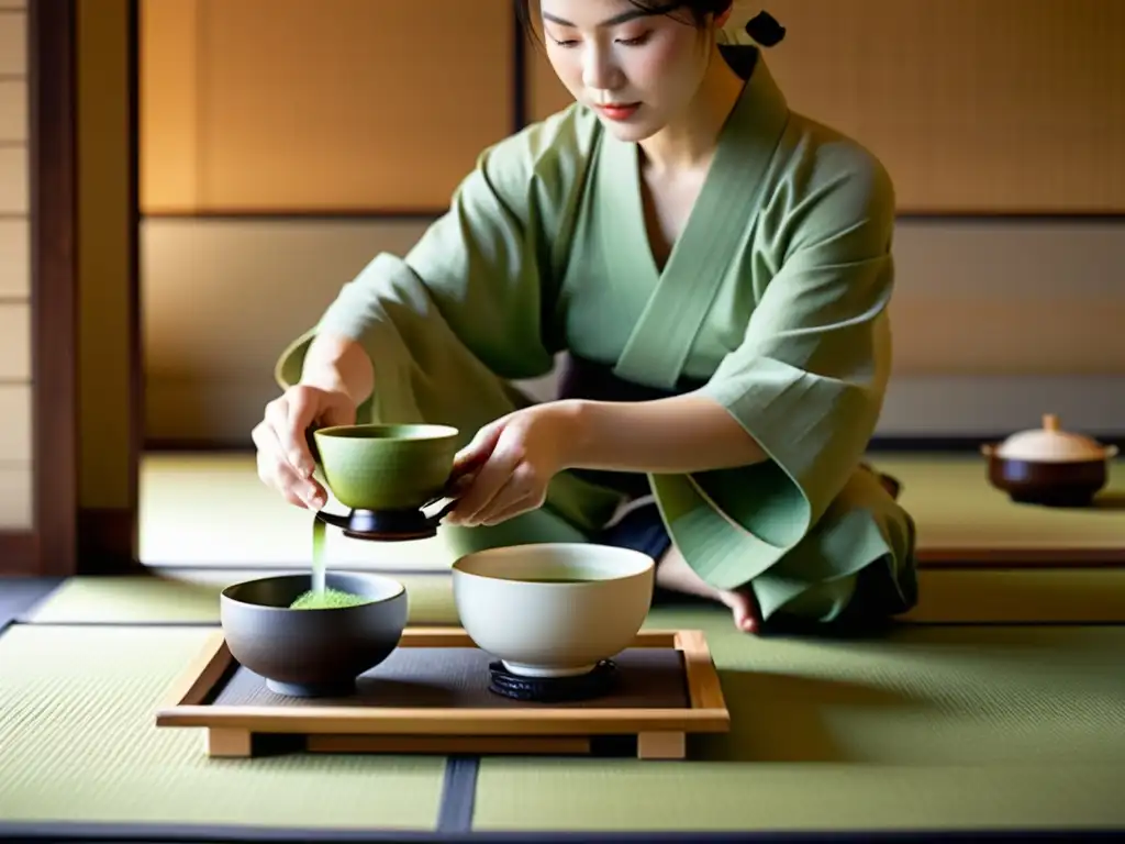 Ceremonia del Té en Asia: Fotografía documental de una serena ceremonia del té japonesa en una sala tatami, con luz natural y movimientos delicados