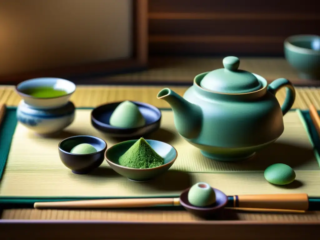 Una ceremonia del té japonés con alimentos embellecedores de la dieta asiática, resaltando la serena belleza y la armonía cultural