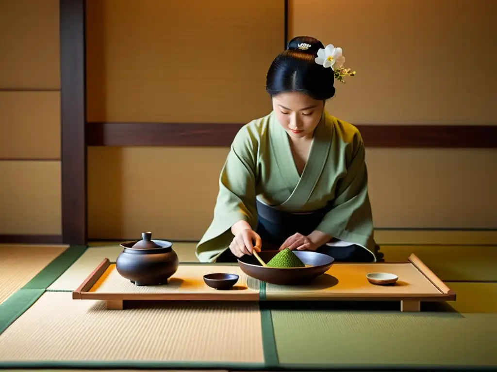 Una ceremonia del té japonés en una sala tatami minimalista, con el maestro preparando el matcha rodeado de utensilios y arreglos florales