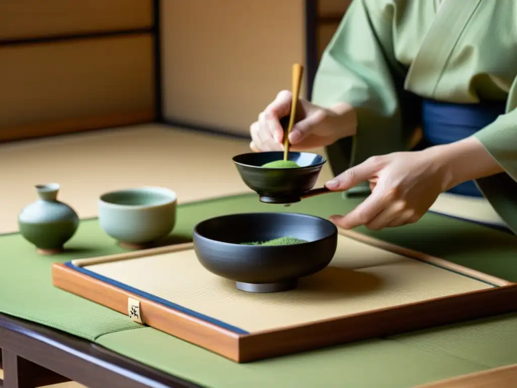 Una ceremonia del té japonés en una serena sala tatami