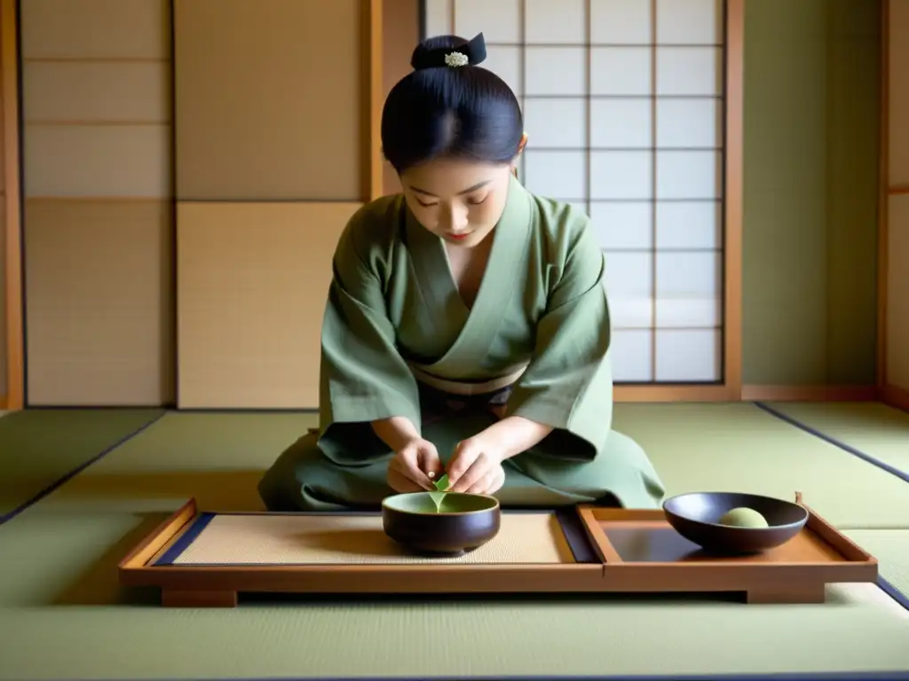 Una ceremonia del té japonesa, con una anfitriona vistiendo kimono, preparando matcha con movimientos meditativos en una serena habitación tatami