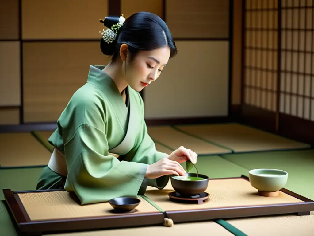 Una ceremonia del té japonesa en una habitación tatami, con una anfitriona en kimono vertiendo té matcha en tazas delicadas