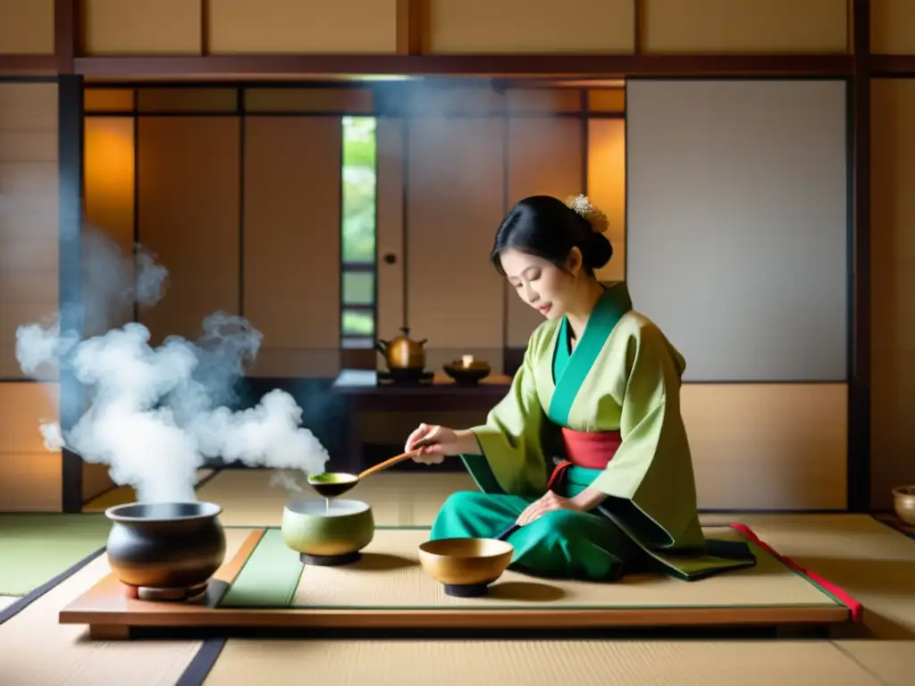 En una ceremonia del té japonesa, una anfitriona vierte matcha en tazas delicadas mientras los invitados observan con atención