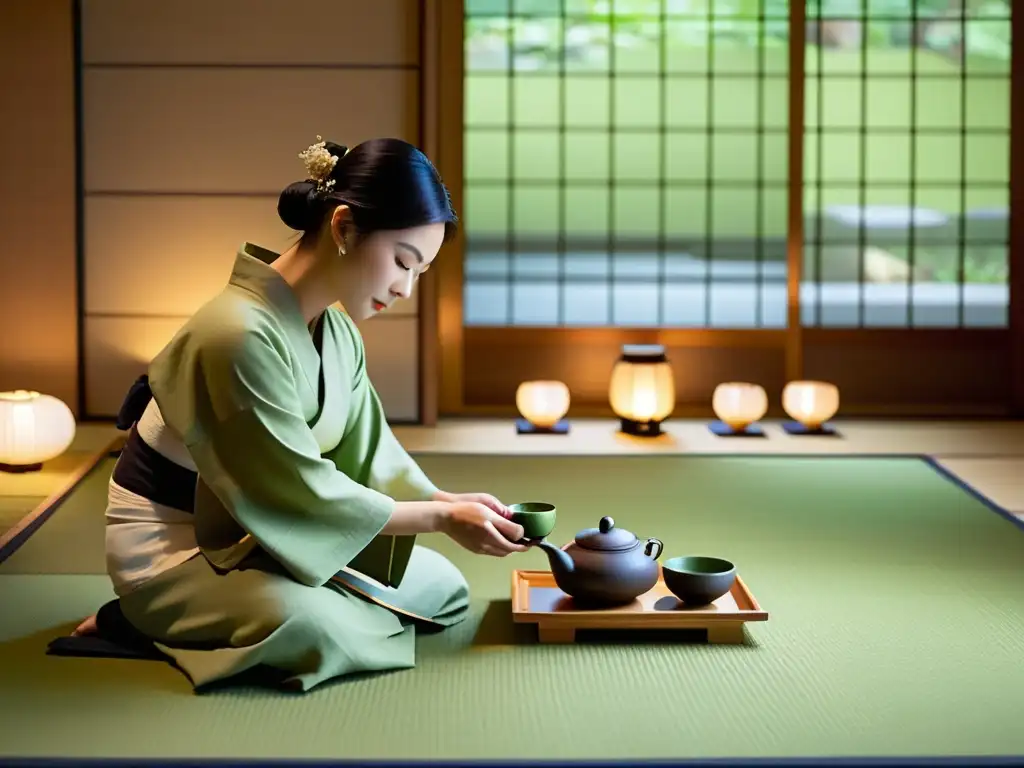 Una ceremonia del té japonesa se lleva a cabo en una tranquila sala de tatami, con una anfitriona con kimono vertiendo matcha en tazas de cerámica, mientras los asistentes observan en silencio respetuoso