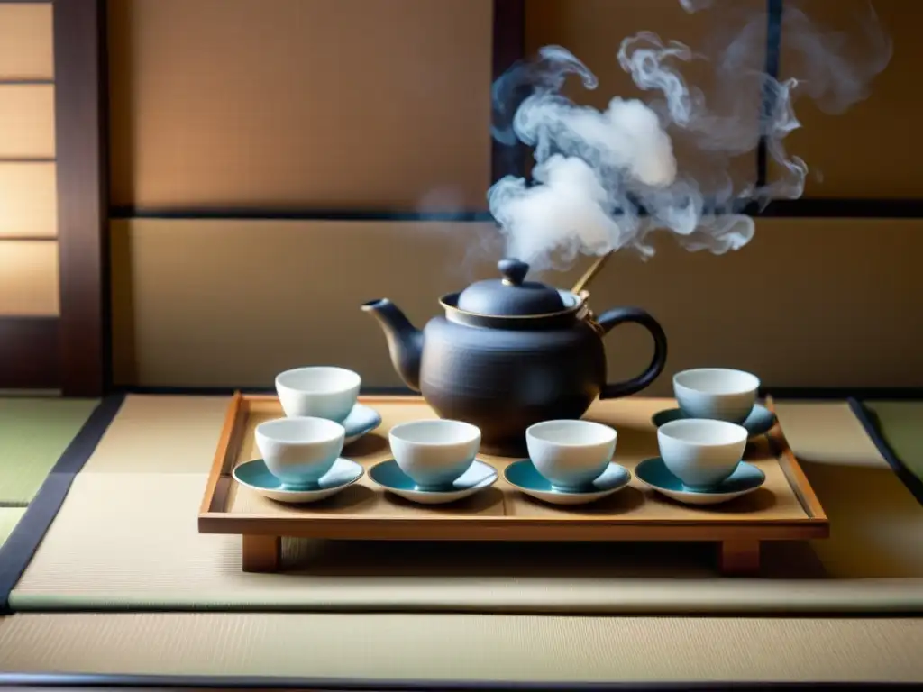 Una ceremonia del té japonesa se lleva a cabo en una tranquila habitación de tatami, capturando la esencia de la expresión cultural