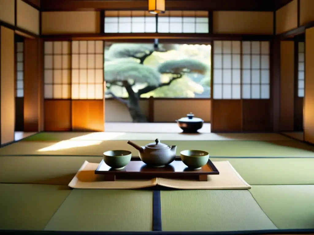 Una ceremonia del té japonesa en un castillo restaurado, con utensilios y anfitrión enfocados, creando un ambiente sereno