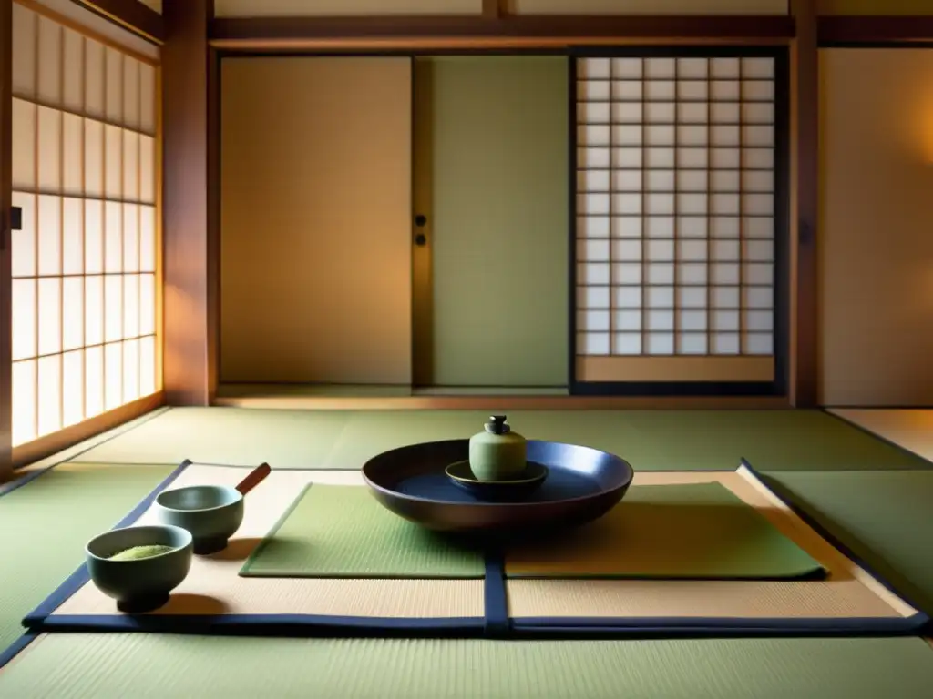 Una ceremonia del té japonesa con cenas temáticas arte gastronomía asiática, en un ambiente sereno de tatamis y kimonos, evocando elegancia atemporal