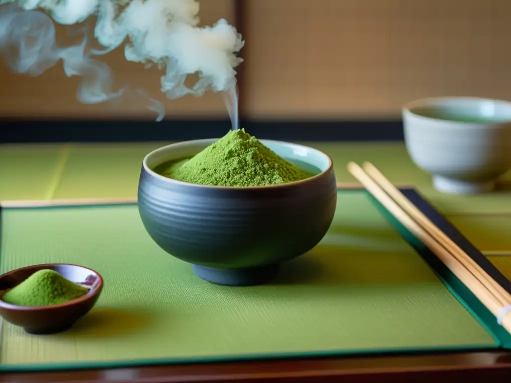 Una ceremonia del té japonesa con un cuenco de matcha, en una habitación minimalista con arreglos florales estacionales y una pintura de pergamino