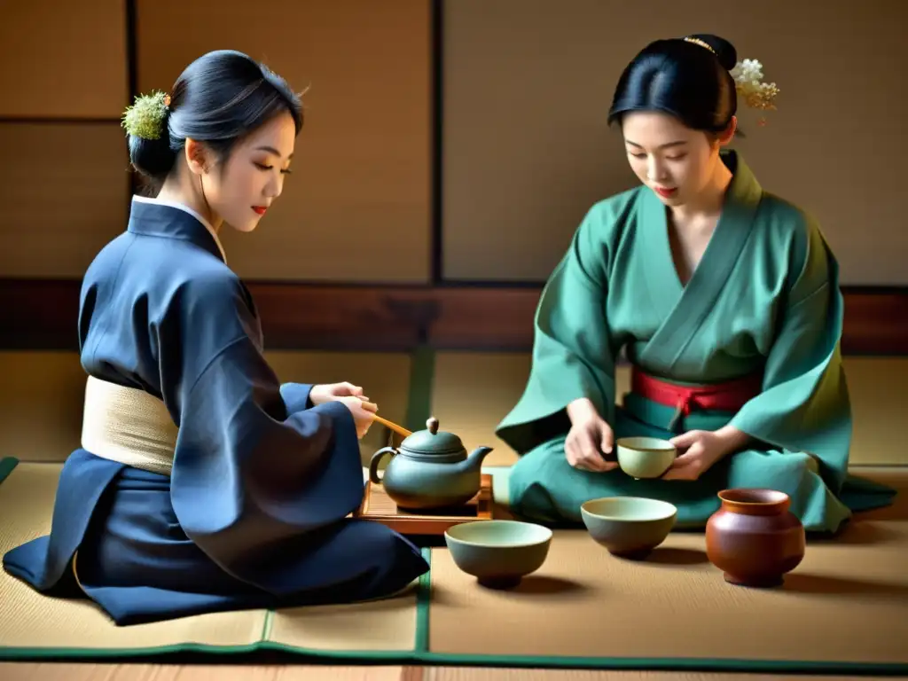 Una ceremonia del té japonesa detallada con movimientos precisos y serena atmósfera, evocando el misticismo de los Samuráis