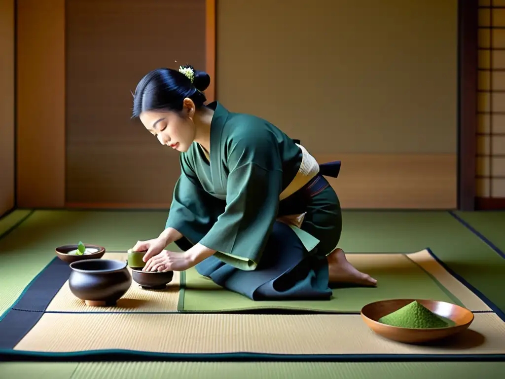 Una ceremonia del té japonesa detallada, con movimientos precisos y una atmósfera serena