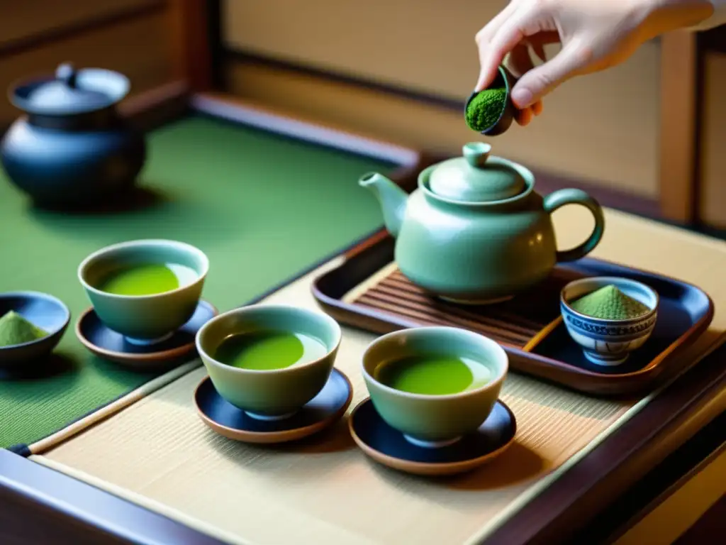 Una ceremonia del té japonesa con detalles meticulosos y una atmósfera serena, capturando el cuidado personal estilo asiático