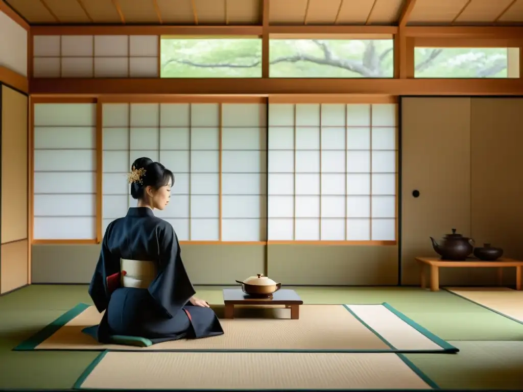 Ceremonia del té japonesa: tradición y modernidad Una ceremonia del té japonesa en un entorno minimalista y moderno, mostrando el impacto de la modernización en las tradiciones asiáticas