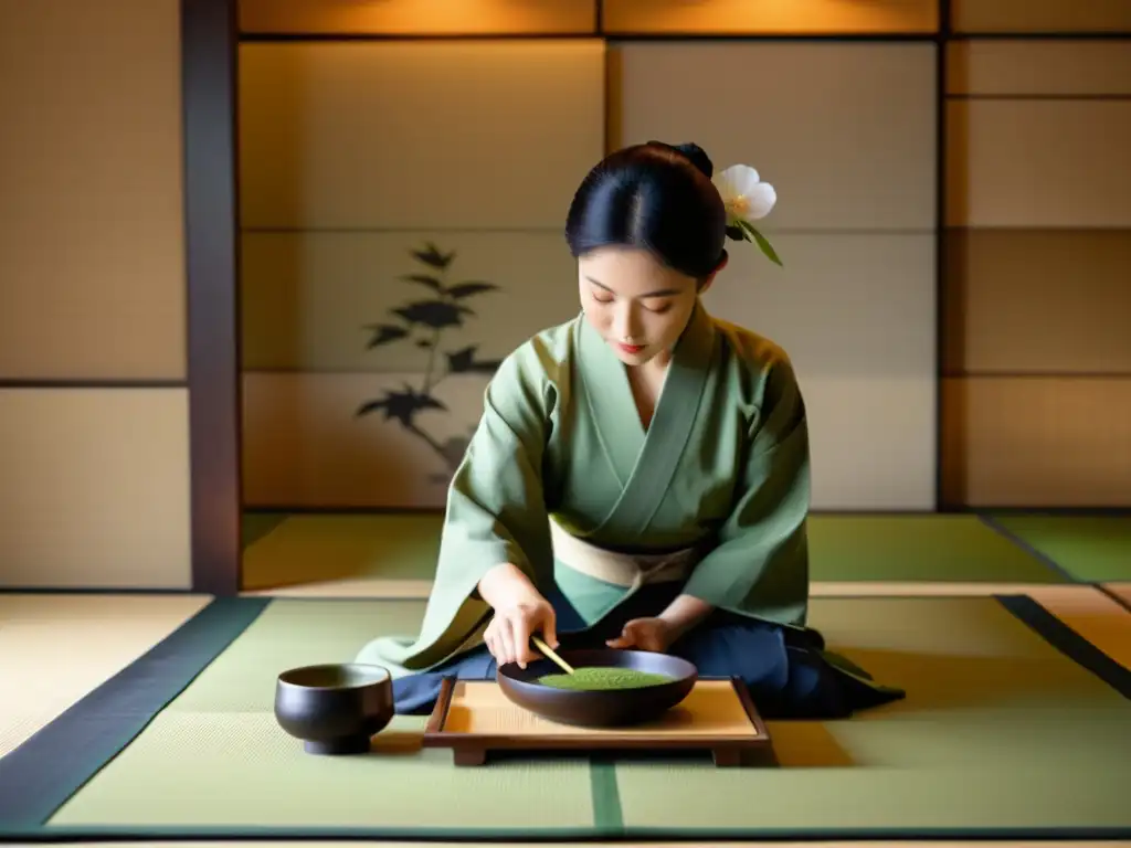 Una ceremonia del té japonesa en un entorno sereno con detalles elegantes y aromaterapia en la cultura asiática