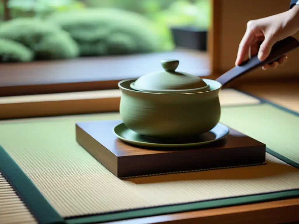 Una ceremonia del té japonesa con un estilo minimalista asiático, destacando la precisión y elegancia en el vertido y batido del matcha