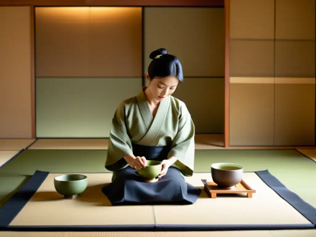 Una ceremonia del té japonesa en una habitación minimalista con luz natural, refleja Diálogos filosóficos asiáticos en la era digital