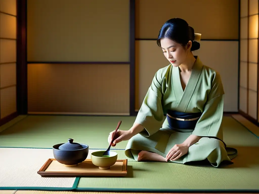 Una ceremonia del té japonesa en una habitación serena con luz natural