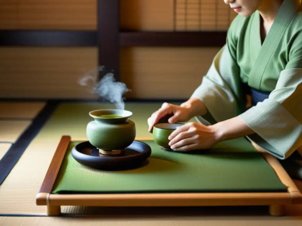 Una ceremonia del té japonesa en una habitación serena, resaltando la elegancia y tranquilidad