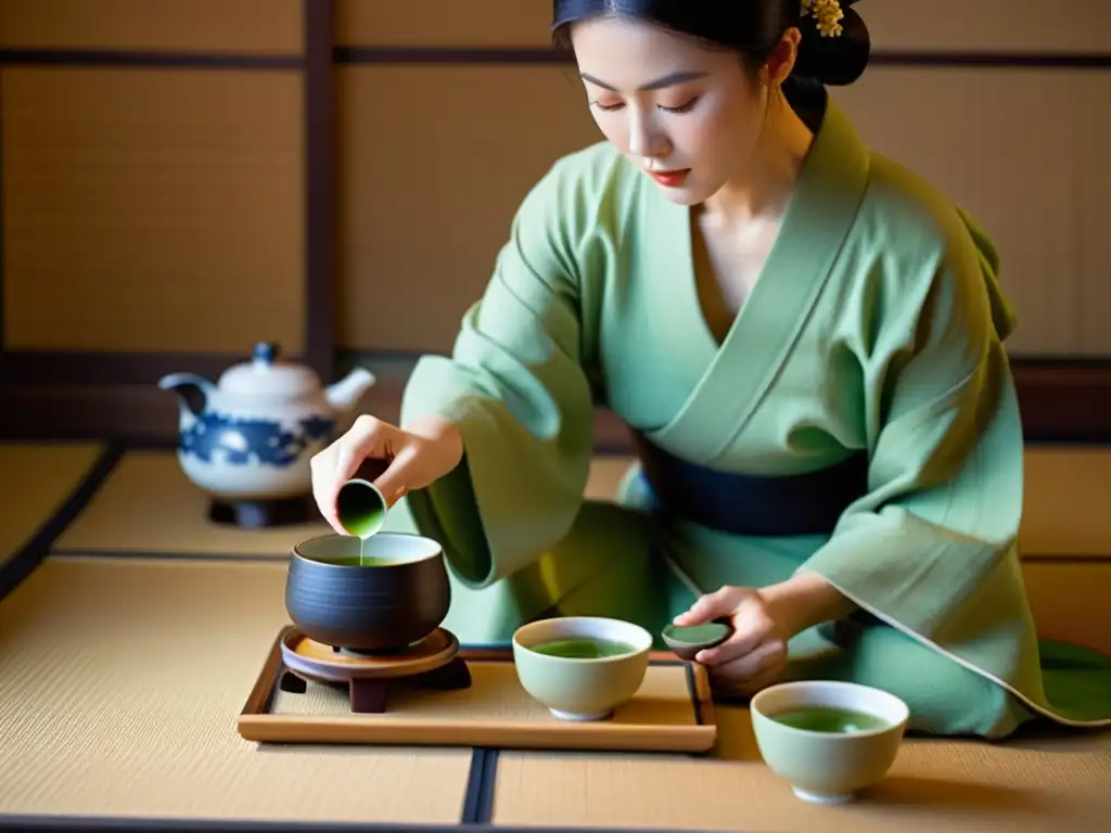 Una ceremonia del té japonesa en una habitación serena, reflejando la riqueza cultural de Japón y la calma del momento