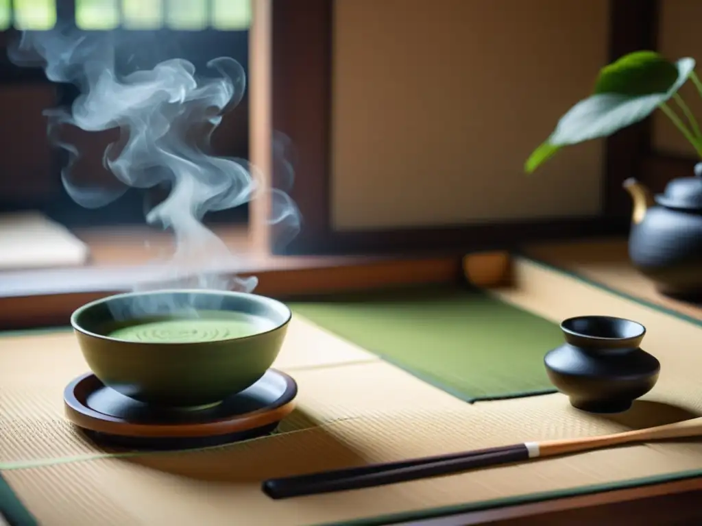 Una ceremonia del té japonesa en una habitación serena con luz natural, cerámica y caligrafía