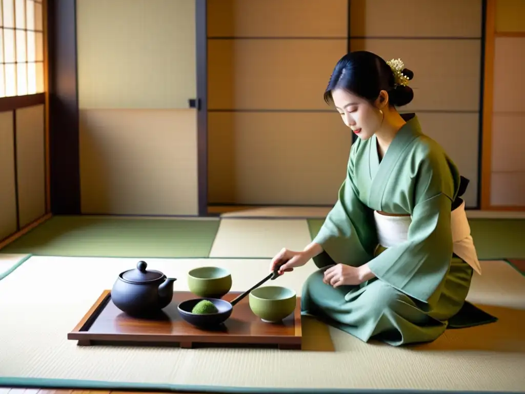 Una ceremonia del té japonesa en una habitación de tatami, con una anfitriona con kimono sirviendo matcha a los invitados