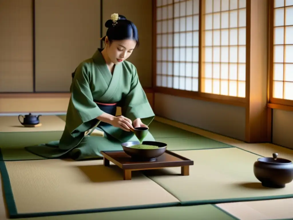 Una ceremonia del té japonesa zen: Un maestro del té en kimono vierte matcha en tazas delicadas en una serena habitación de tatami, mientras los invitados observan con reverencia