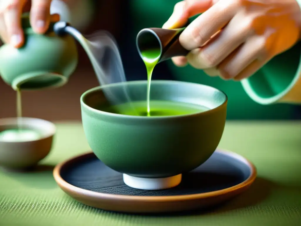 Una ceremonia japonesa del té: el maestro vierte matcha en una taza, evocando sabiduría oriental y equilibrio