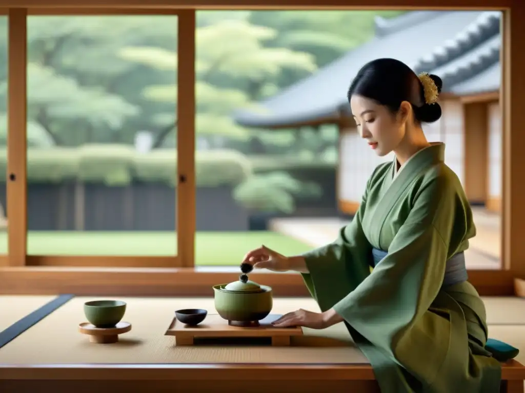 Exquisita ceremonia del té japonés en un ambiente moderno Una ceremonia del té japonesa se desarrolla en un moderno salón, mostrando la fusión de tradición y modernidad en las culturas asiáticas