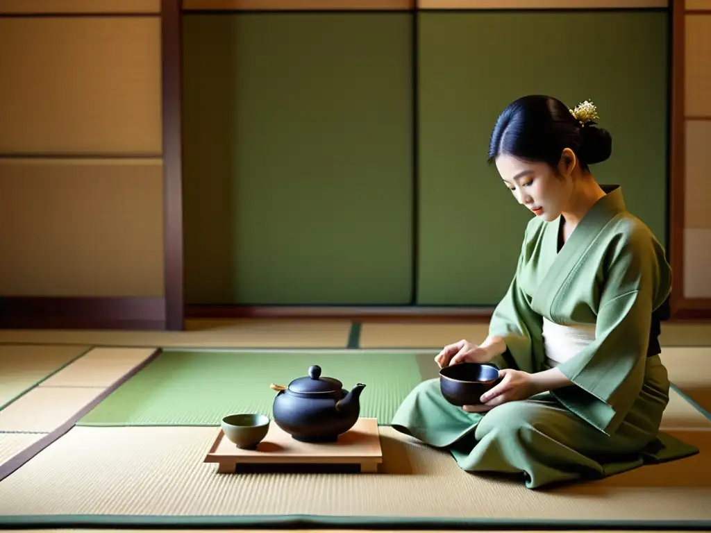 Una ceremonia del té japonesa en una sala tatami, con luz natural