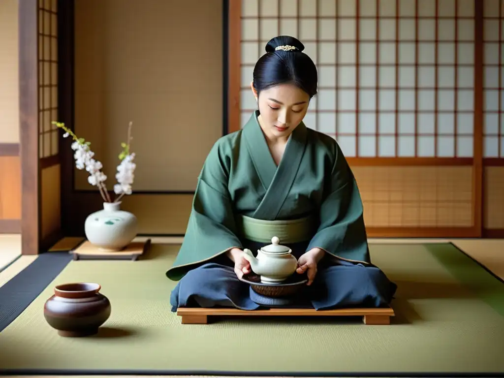 Una ceremonia del té japonesa en una sala tatami, con un maestro del té preparando matcha, rodeado de cerámica y decoraciones de cerezos