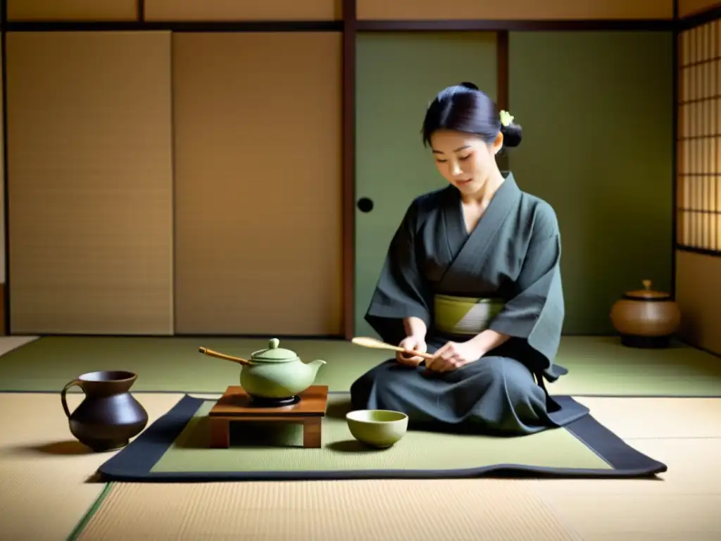 Una ceremonia del té japonesa en una sala minimalista, con el maestro preparando matcha con gracia y precisión