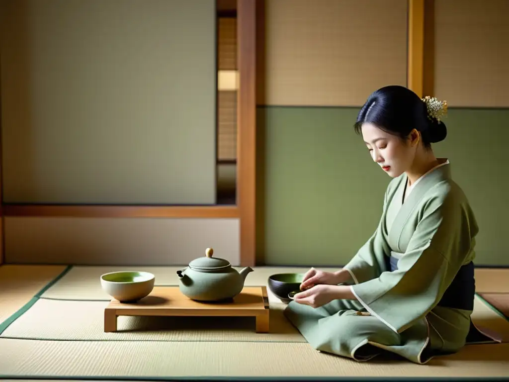 Una ceremonia del té japonesa en una sala minimalista, con la integración de sabiduría oriental en MBA