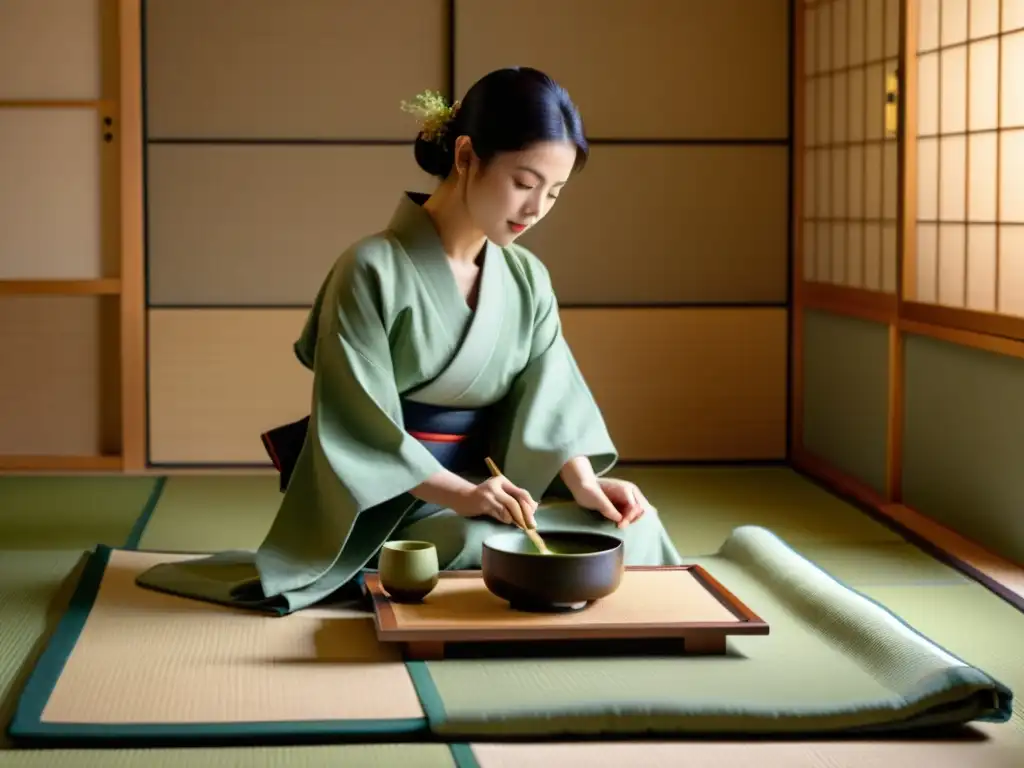 Una ceremonia del té japonesa en una sala minimalista con luz solar, tatamis y una mesa baja de madera