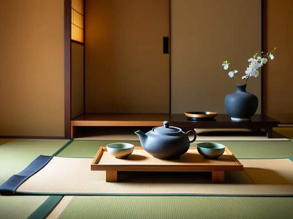 Una ceremonia del té japonesa en una sala minimalista y serena con una hermosa decoración floral en el tokonoma