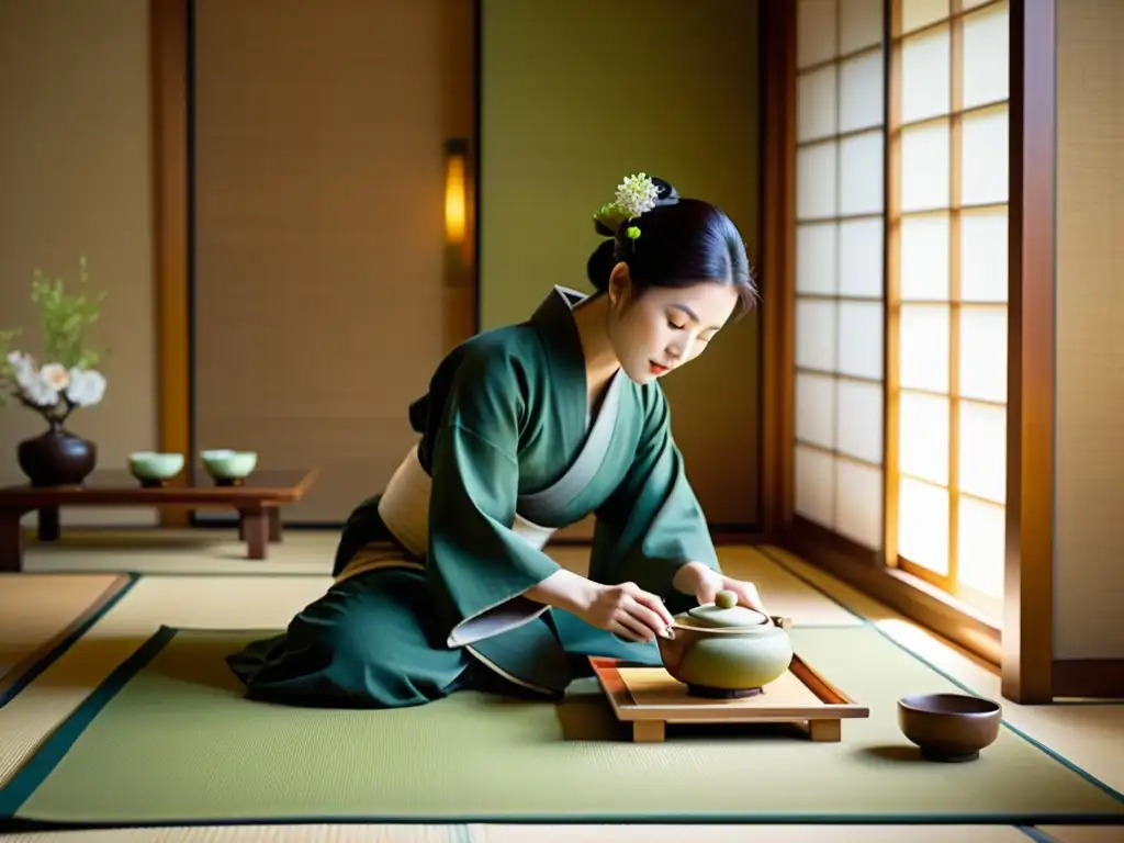 Una ceremonia del té japonesa en una sala serena con luz natural