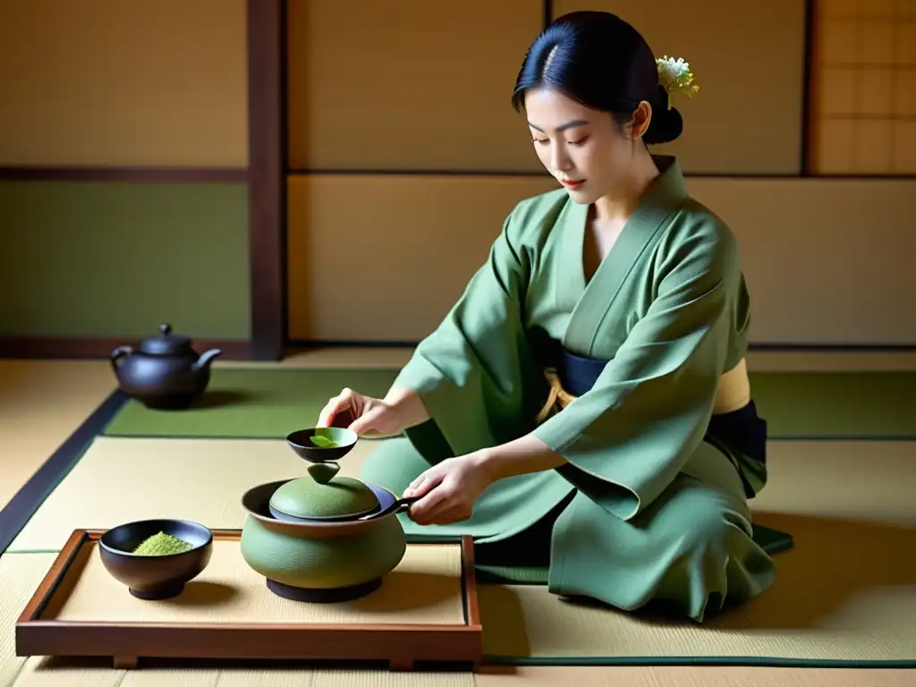 Una ceremonia del té japonesa en una sala serena de tatami, con movimientos delicados del maestro preparando y sirviendo té matcha a los invitados