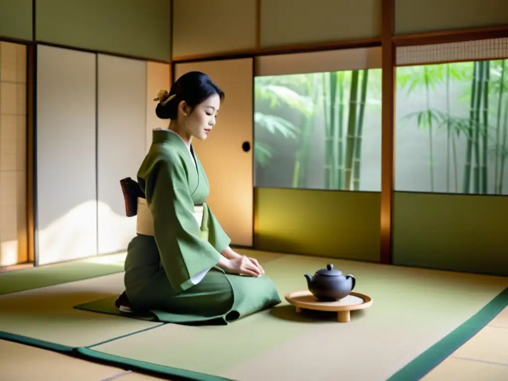 Una ceremonia del té japonesa en una sala serena con influencia de la poesía Noh