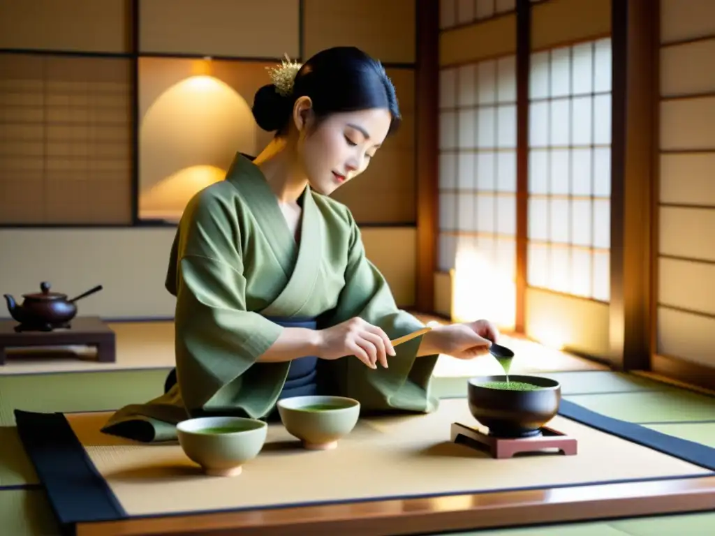 Una ceremonia del té japonesa en una sala serena de tatami, con un practicante de kimono vertiendo matcha en un chawan delicado