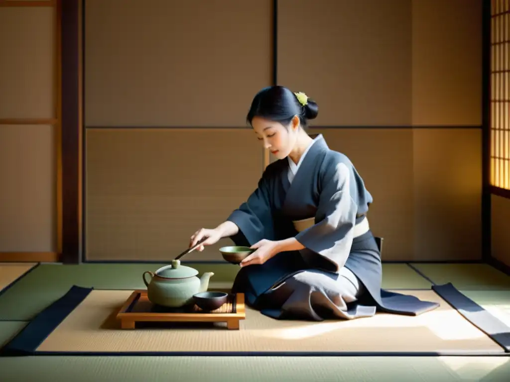 Una ceremonia del té japonesa en una sala serena con movimientos precisos y armonía, ideal para Títulos intrigantes para Filosofía Oriental