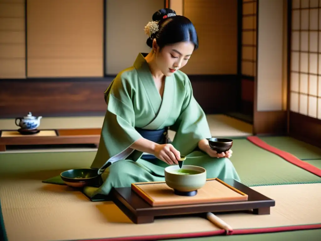 Una ceremonia del té japonesa en una sala de tatami bellamente decorada