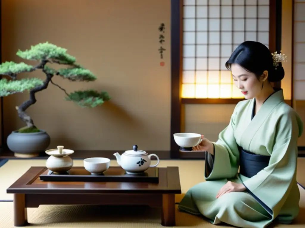 Una ceremonia del té japonesa en una sala de tatami, con una anfitriona vistiendo kimono sirviendo té en un entorno sereno