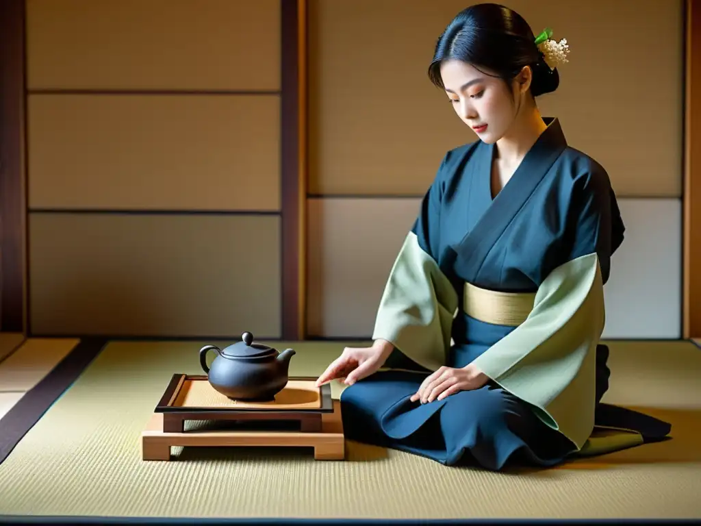 Una ceremonia del té japonesa en una sala de tatami serena, fusionando tecnología y tradición, con elementos modernos discretos