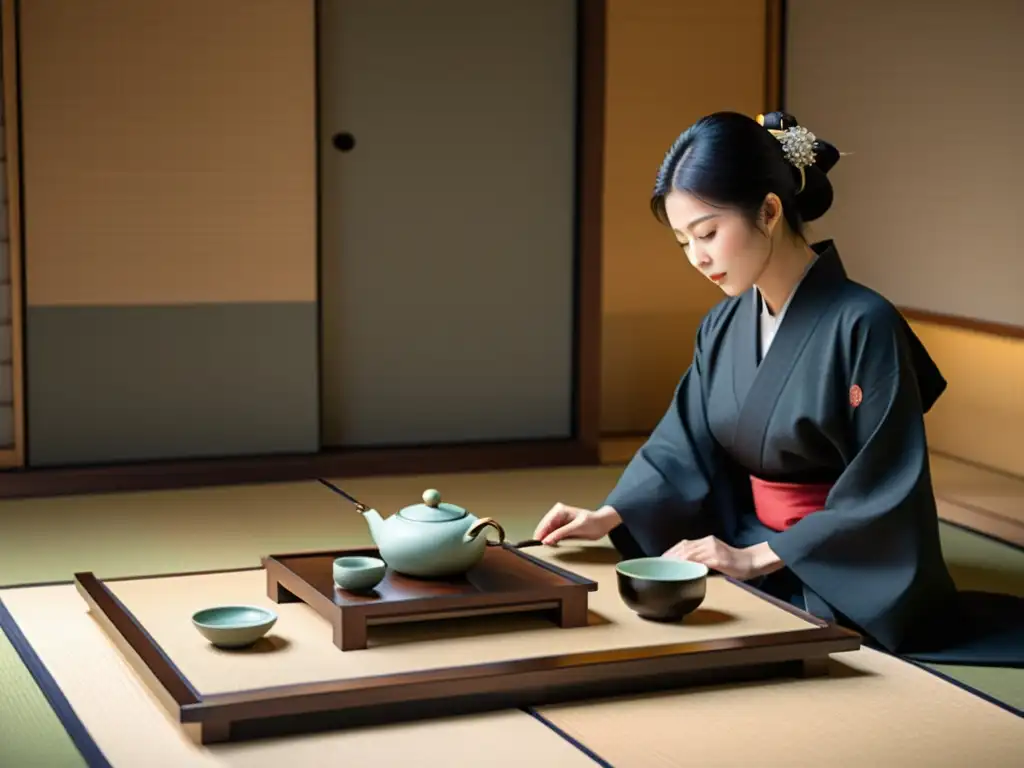 Una ceremonia del té japonesa en una sala tatami minimalista, con una computadora cuántica integrada sutilmente