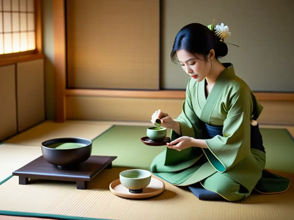 Una ceremonia del té japonesa en una sala de tatami, con una anfitriona sirviendo matcha en tazas delicadas mientras los invitados observan