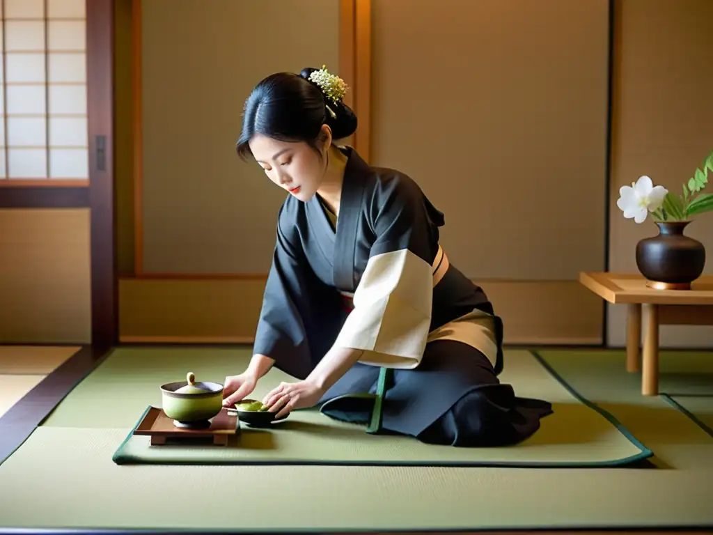 Una ceremonia del té japonesa en una sala tatami serena, donde el maestro prepara y sirve matcha con gracia, en una expresión cultural única