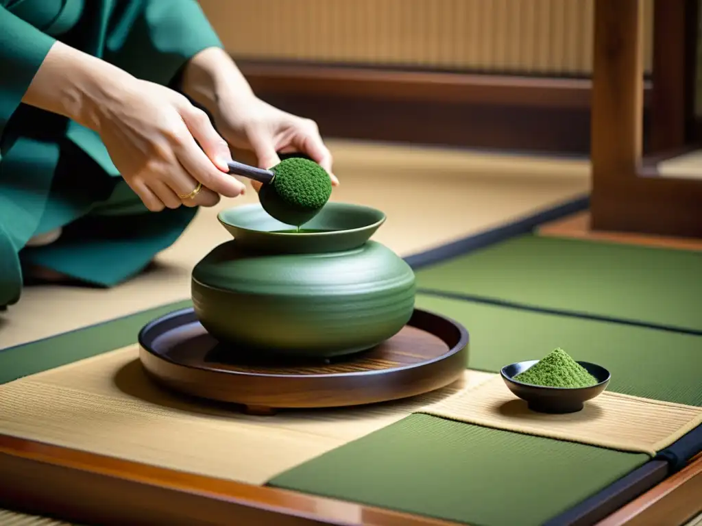 Ceremonia del té japonesa en una sala tradicional, enfocada en los movimientos delicados y la serenidad, reducción estrés moderno