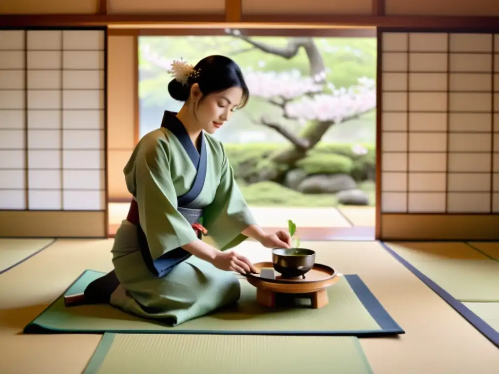 Una ceremonia del té japonesa en una sala tranquila con luz suave, sirviendo té verde aromático