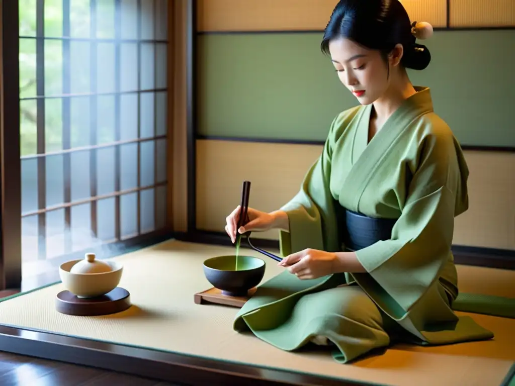 Una ceremonia del té japonesa en una sala tatami, con utensilios meticulosamente dispuestos y una anfitriona vestida con kimono