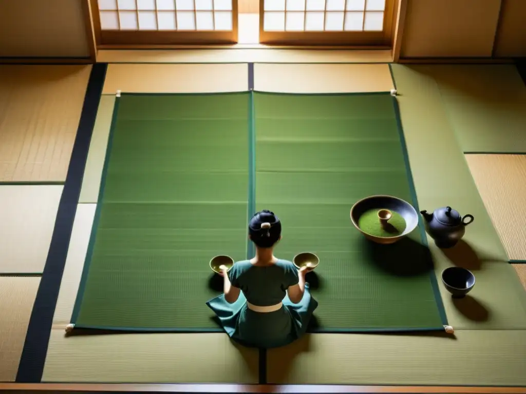 Una ceremonia del té japonesa en una serena habitación tatami, expresión cultural de tradición y belleza refinada